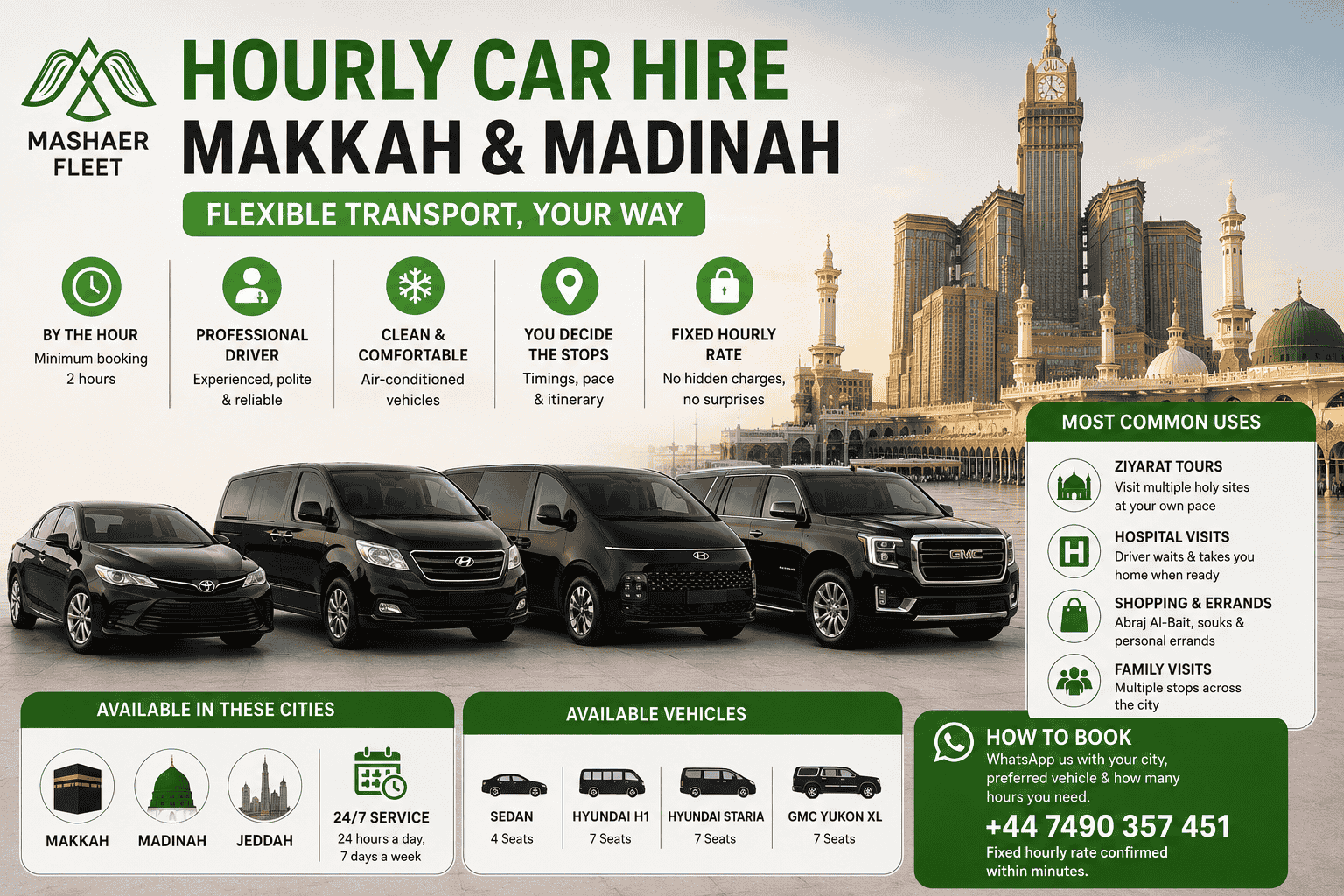 Hourly car hire Makkah — car with driver flexible transport Mashaer Fleet