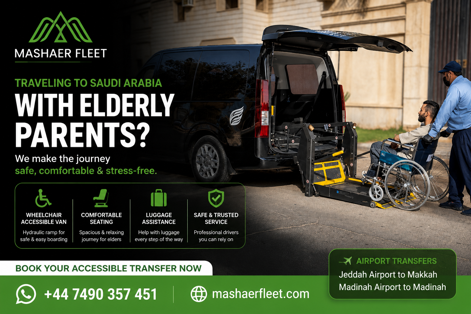 Elderly pilgrim transport Saudi Arabia — Hyundai Staria accessible van Mashaer Fleet