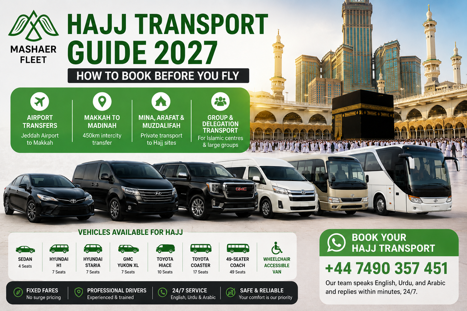 Hajj transport 2027 — group coach and private taxi Saudi Arabia