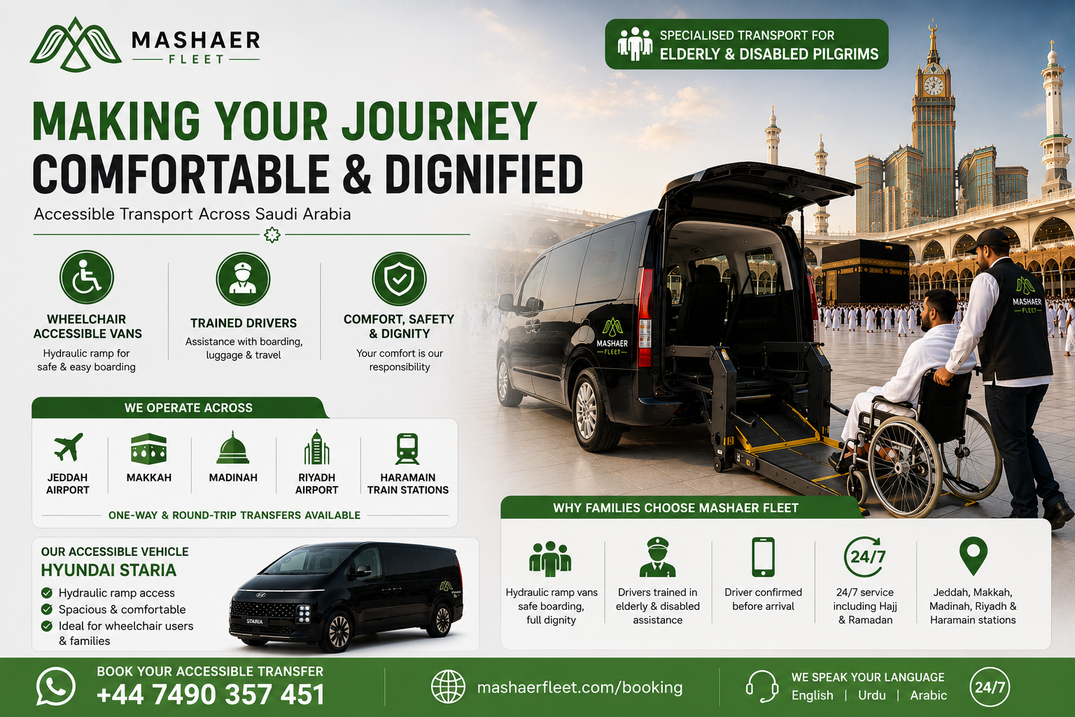 Elderly pilgrim being helped into a wheelchair accessible Mashaer Fleet vehicle in Saudi Arabia
